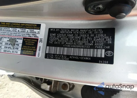 2009 Toyota Camry Se/Le/Xle из США, поврежденный, VIN 4T4BE46K69R095133